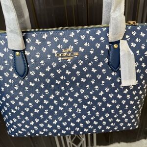 Coach Navy Blue Tote with White Floral Pattern